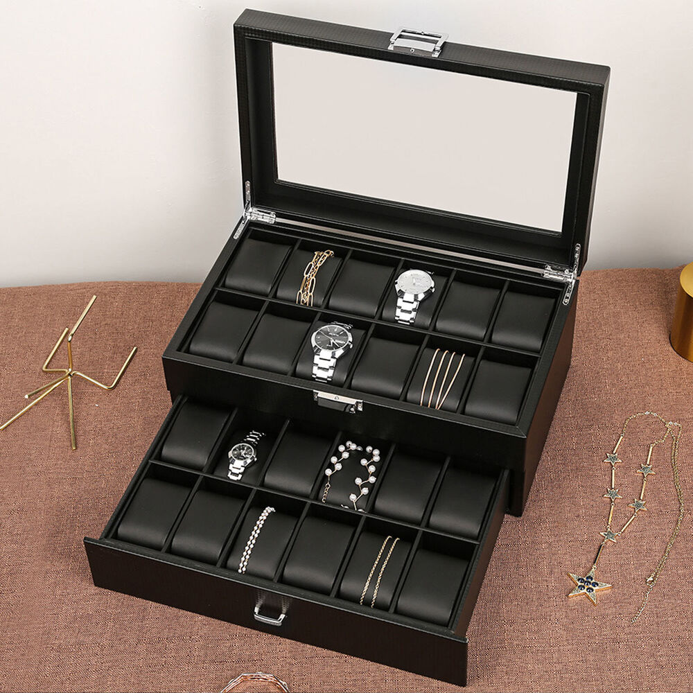 24 Slots Mens Watch Box Case Organizer Watches Jewelry Storage With Valet Drawer