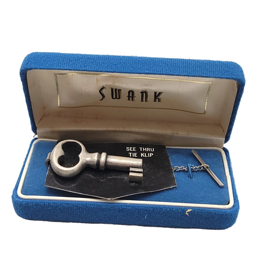 SWANK Silver Tone See Through Key Tie Clip NOS in Original Box