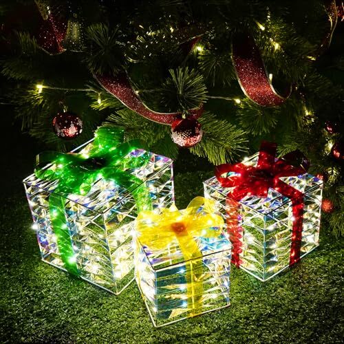 Set of 3 Christmas Lighted Gift Boxes Plug-in 60 Led Light Up Box Ornament PVC