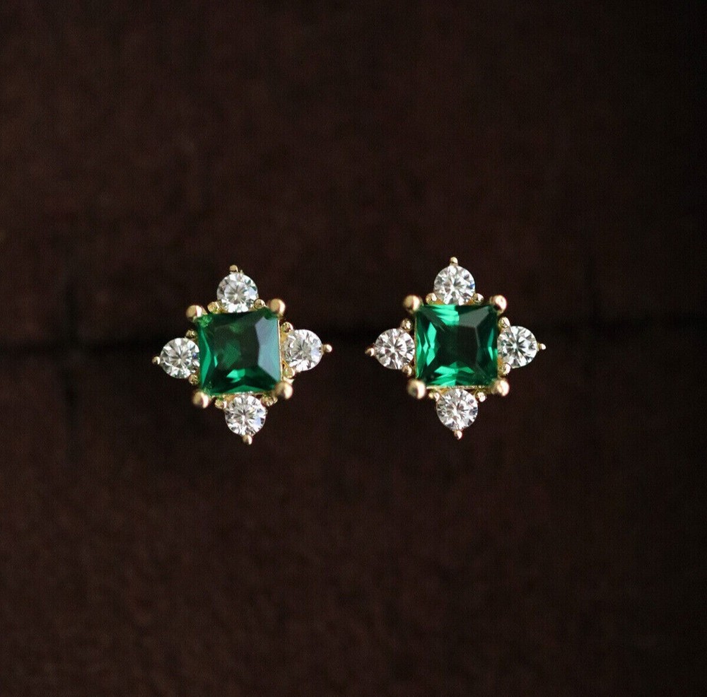 Princess Cut Simulated Emerald Stud Earrings in 14k Yellow Gold Plated