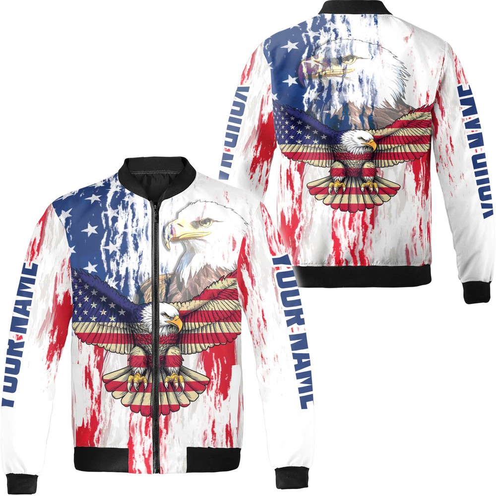 Patriotic American Eagle Bomber Jacket with US Flag and Bald Eagle Design-image