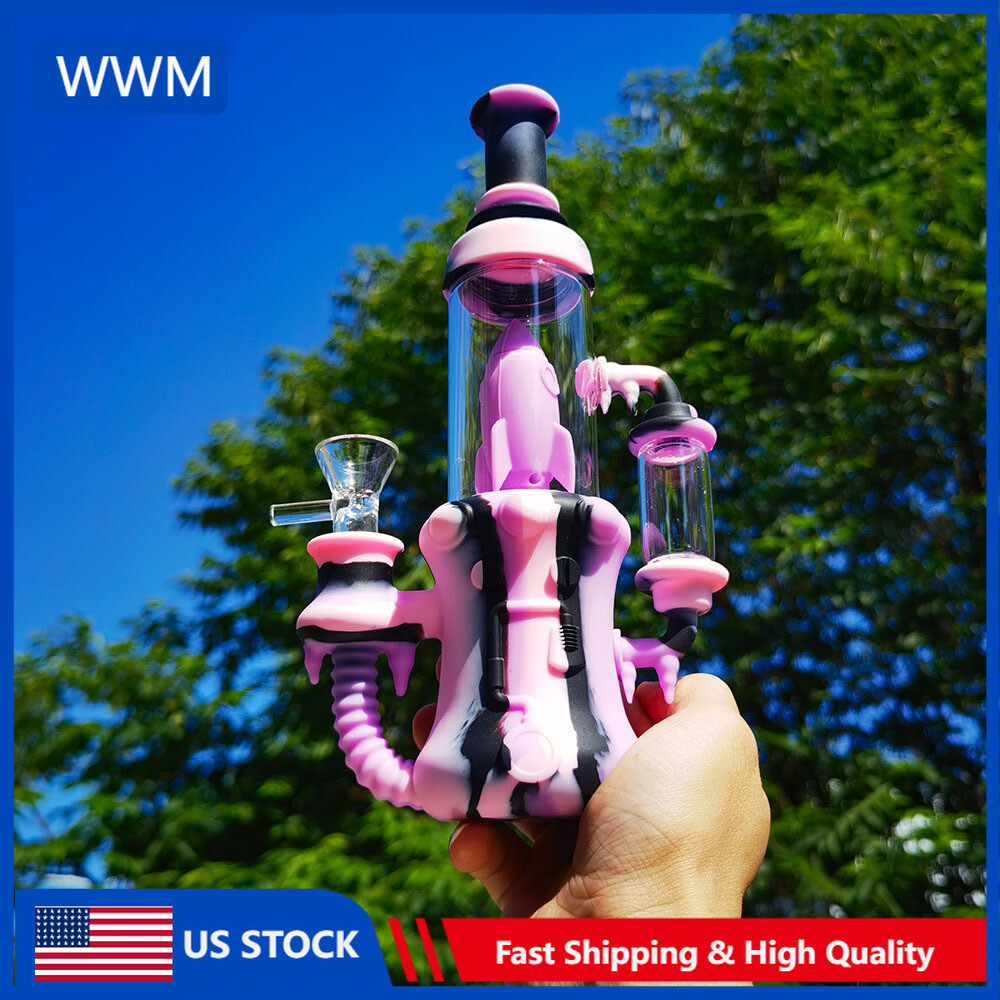22.5cm Silicone & Glass Water Pipe Kettle Shape Hookah Smoking Bong Pipes Purple