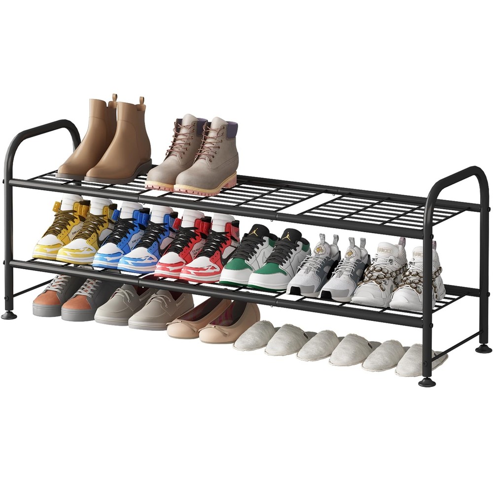 2-Tier Black Metal Shoe Rack for Closet or Entryway Storage