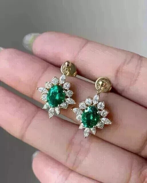1.30Ct Oval Cut Green Simulated Emerald Drop Earrings in 14K Yellow Gold Plated