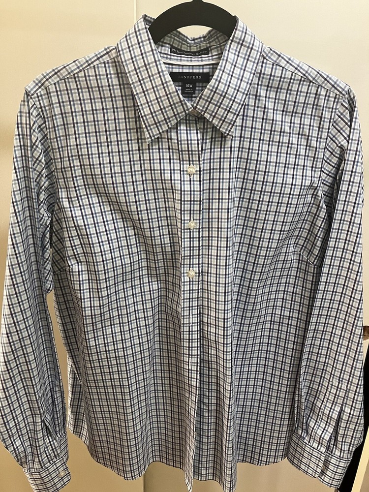 Lands End Womens Plus Size 16W Blue Gray Plaid Pinpoint Oxford Shirt  