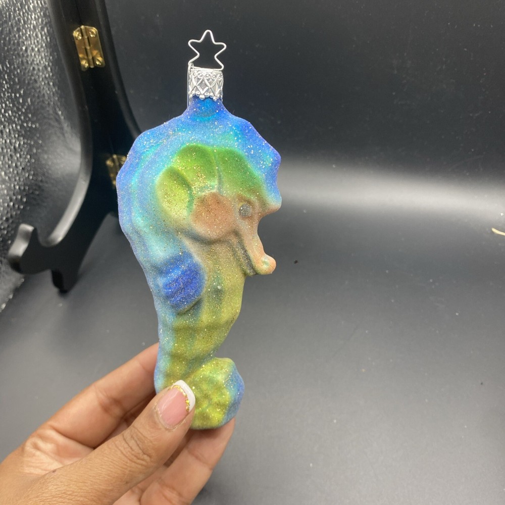 INGE GLAS SEAHORSE GREEN GERMAN BLOWN GLASS TREE ORNAMENT AQUATIC ORG BOX
