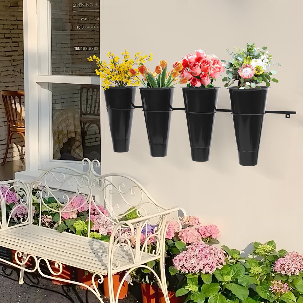 Wall-mounted Flower Stand Planter Holder Flower Pot with 4 Buckets Black 47x14