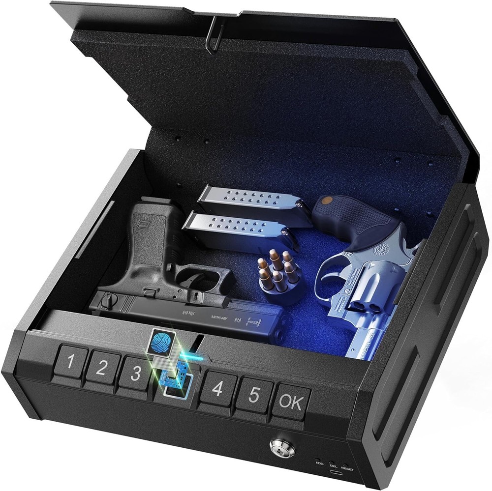 Compact Biometric Safe for Handguns with USB-C Emergency Access & Security Cable
