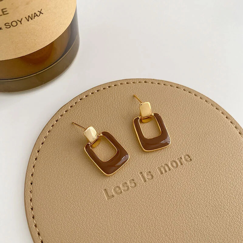 Vintage Big Brown Hollow Out Square Drop Earrings for Women Wedding Party Classi