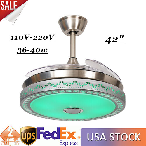 Retractable Ceiling Fan w/ LED Light and Bluetooth Speaker 3 Changing Color USA