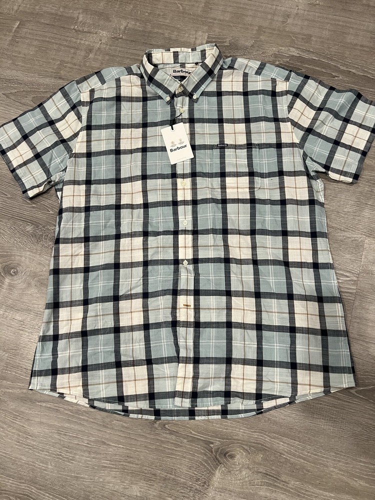 Barbour L139021 Mens Blue Chalk Plaid Delton Short Sleeve Shirt Size XXL