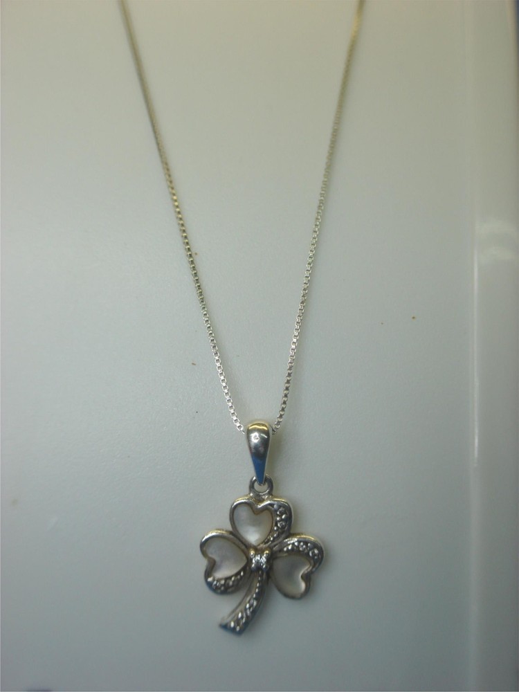 Sterling Silver Shamrock Pendant with Mother of Pearl on 18 Inch Box Chain