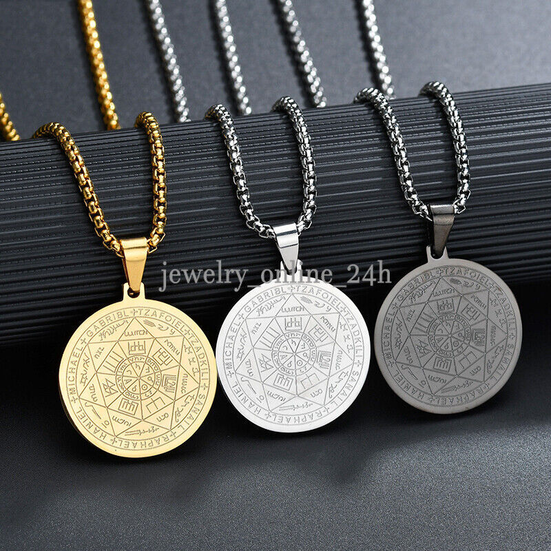 Mens Gold Steel Seven Archangels Seal Pendant Necklace