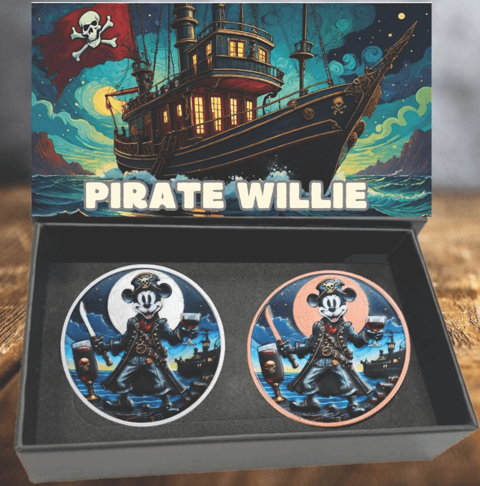 2024 Pirate Willie 1 oz Silver and 33.5g Copper 2 Coin Colorized Boxed Set