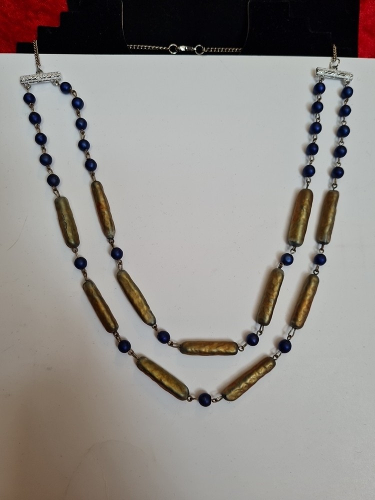 Unusual Two Strand Blue And Gold Tone Bead Necklace