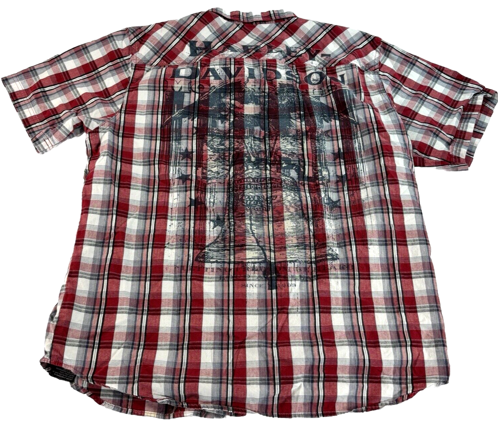 Harley Davidson Plaid Shirt Liberty Bell Eagle y2k Graphic Print Red Button Up L