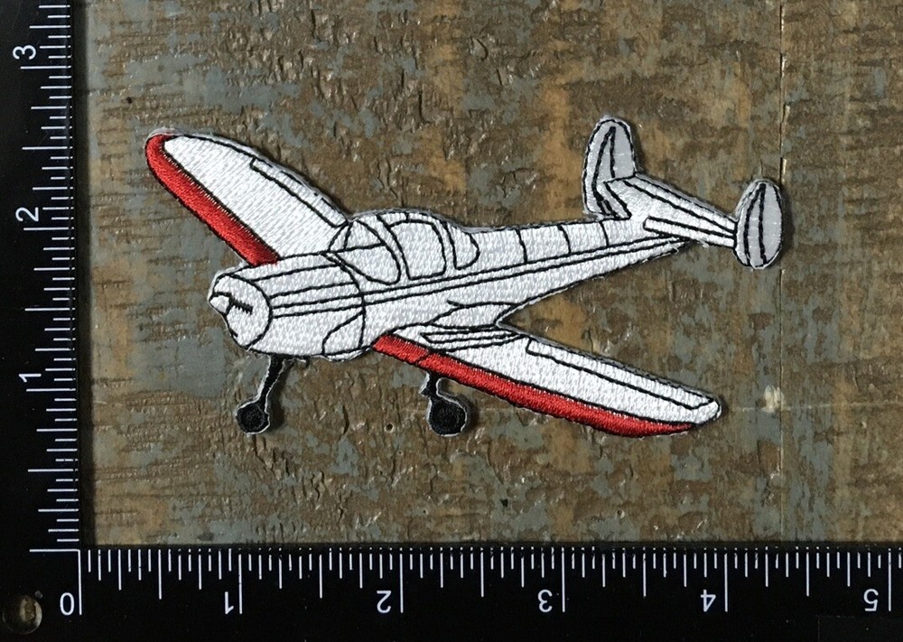 Vintage Aviation Airplane Embroidered Iron-On Patch in White and Red