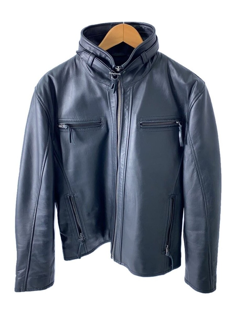 Liugoo Genuine Cowhide Leather Jacket Blouson Plain Black Style 1286