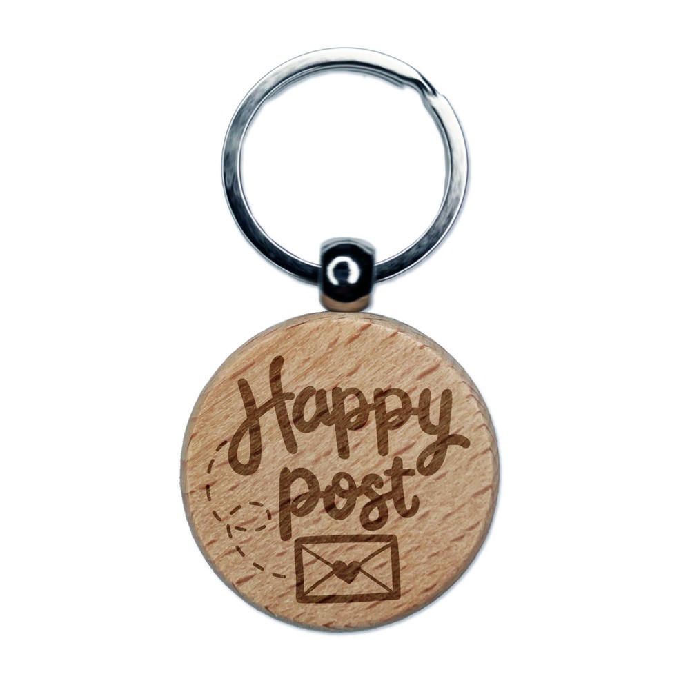 Happy Post Heart Engraved Wood Keychain Charm for Mail Envelope