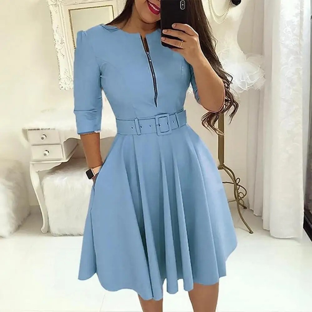 Women Dress Three Quarter Sleeves with Belt Tight Waist A-line Dress