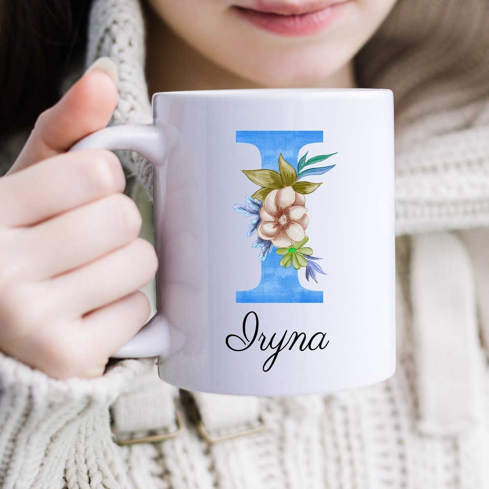 I Mug Personalized Floral Initial Coffee Or Tea Cup Custom Name Gift Watercolor