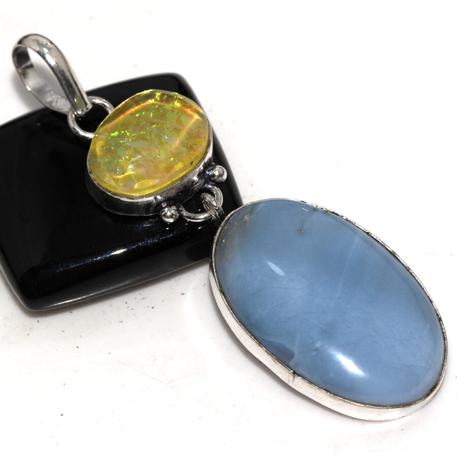 Owhyee Blue Opal Opalite 925 Silver Plated Long Pendant 2.5