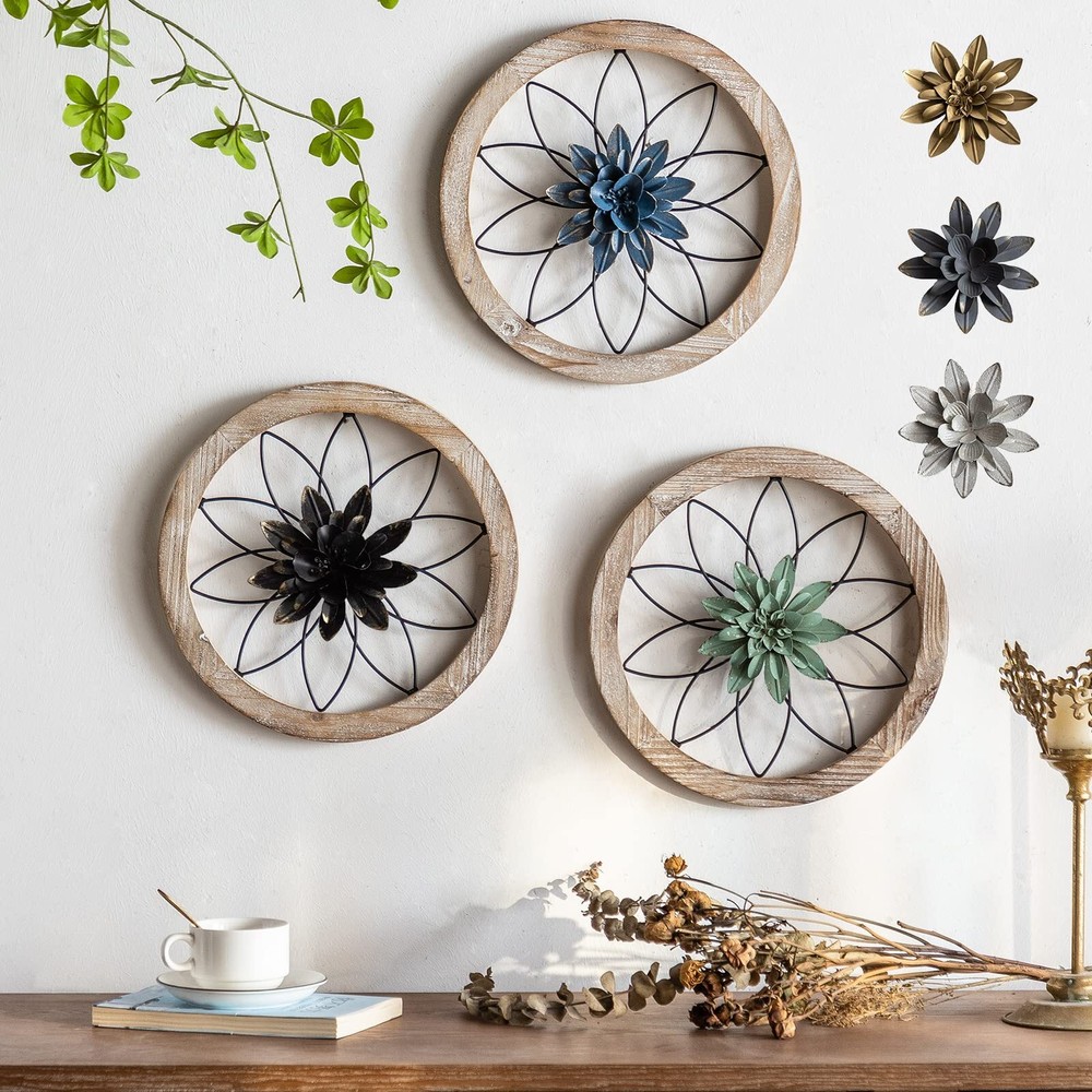 3-Piece Round Farmhouse Wall Art Set with 6 Interchangeable Floral Accents 12 Inch Medium