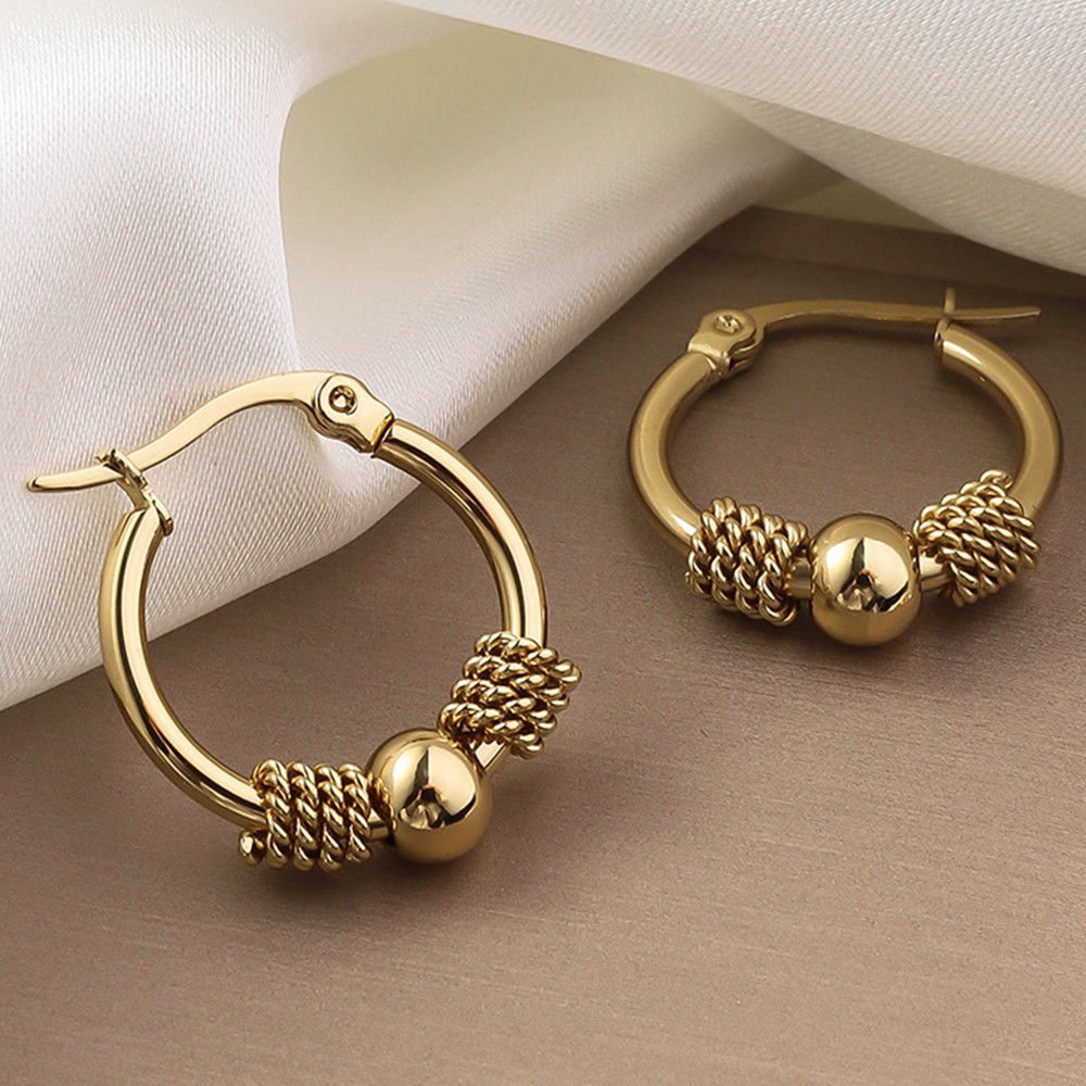 Woman Gold Plated Stainless Steel Beaded Huggie Ball Earring Stud Pierced