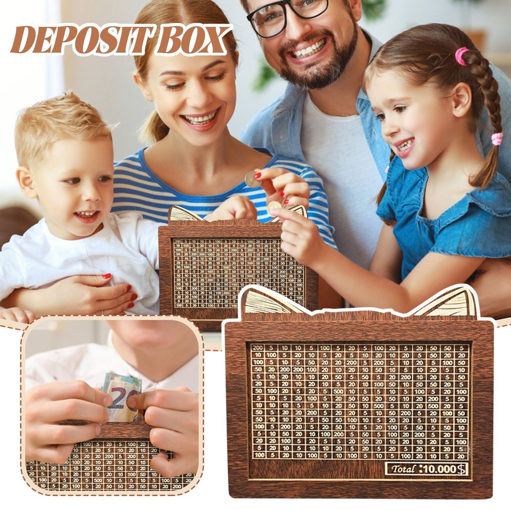 Wooden Money Box with Counter 10000 Money Saving Box Reusable Wooden Money Jar