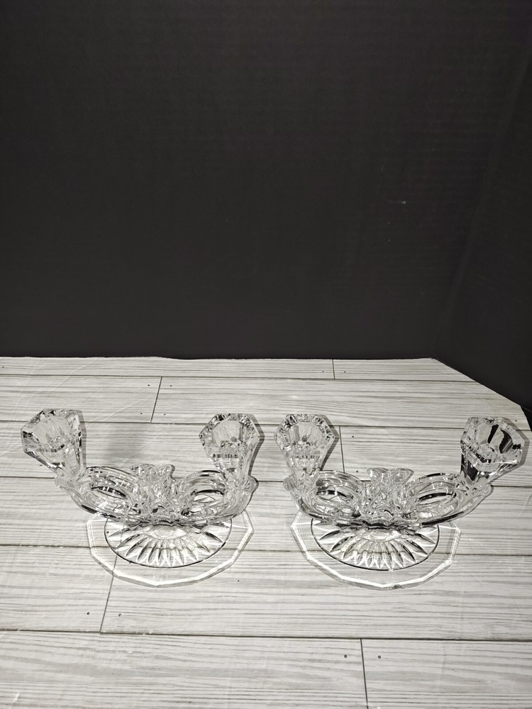 Vintage Crystal Clear Art Glass Double Stick Candle Holders Home Decor Set  Of 2
