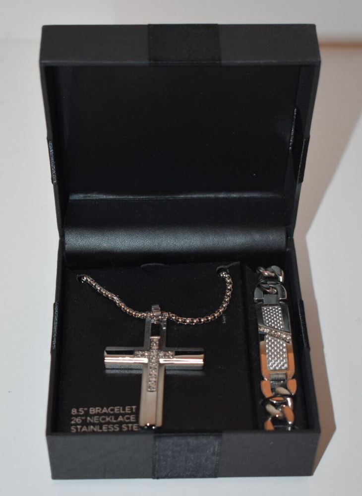 Men's Cubic Zirconia Stainless Steel Cross Necklace & Bracelet Set