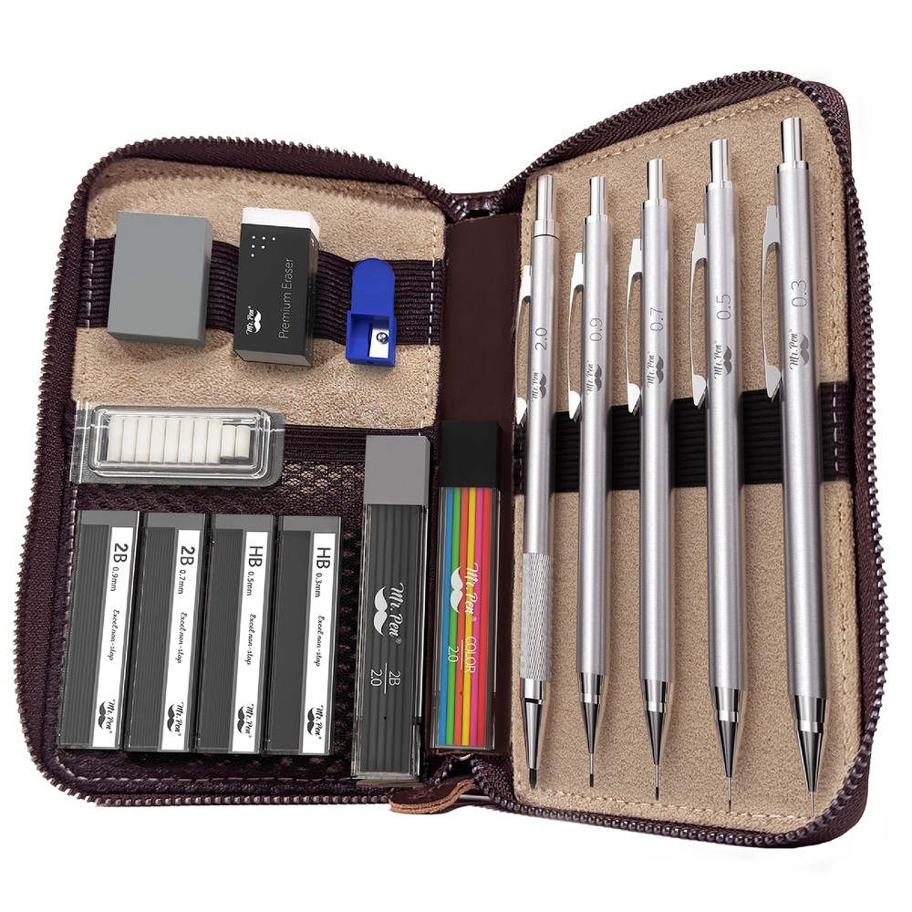 Mr. Pen- Metal Mechanical Pencil Set in Leather Case, 5 Sizes, 0.3, 0.5, 0.7,...