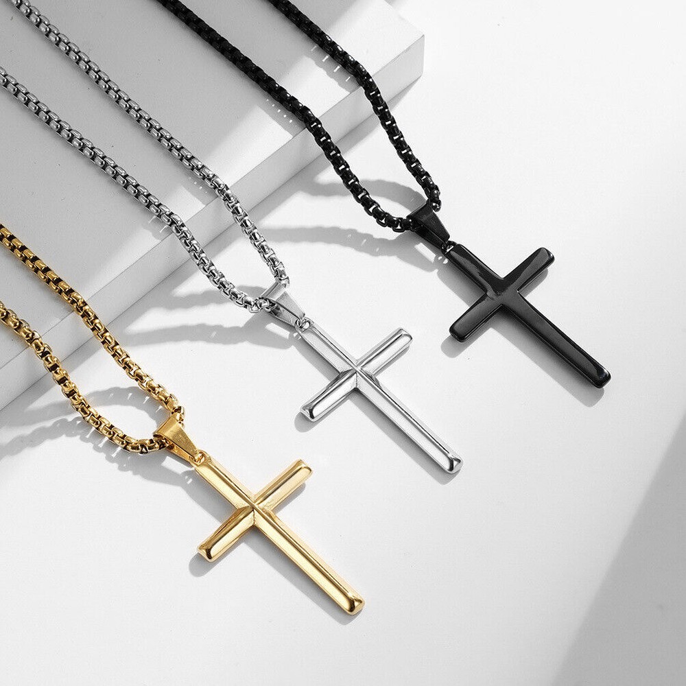 Men Women Small Cross Pendant Necklace Plain Stainless Steel Pendant Chain