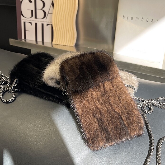 Women Handmade Mink Fur Flap Handphone Phone Crossbody Bag Purse