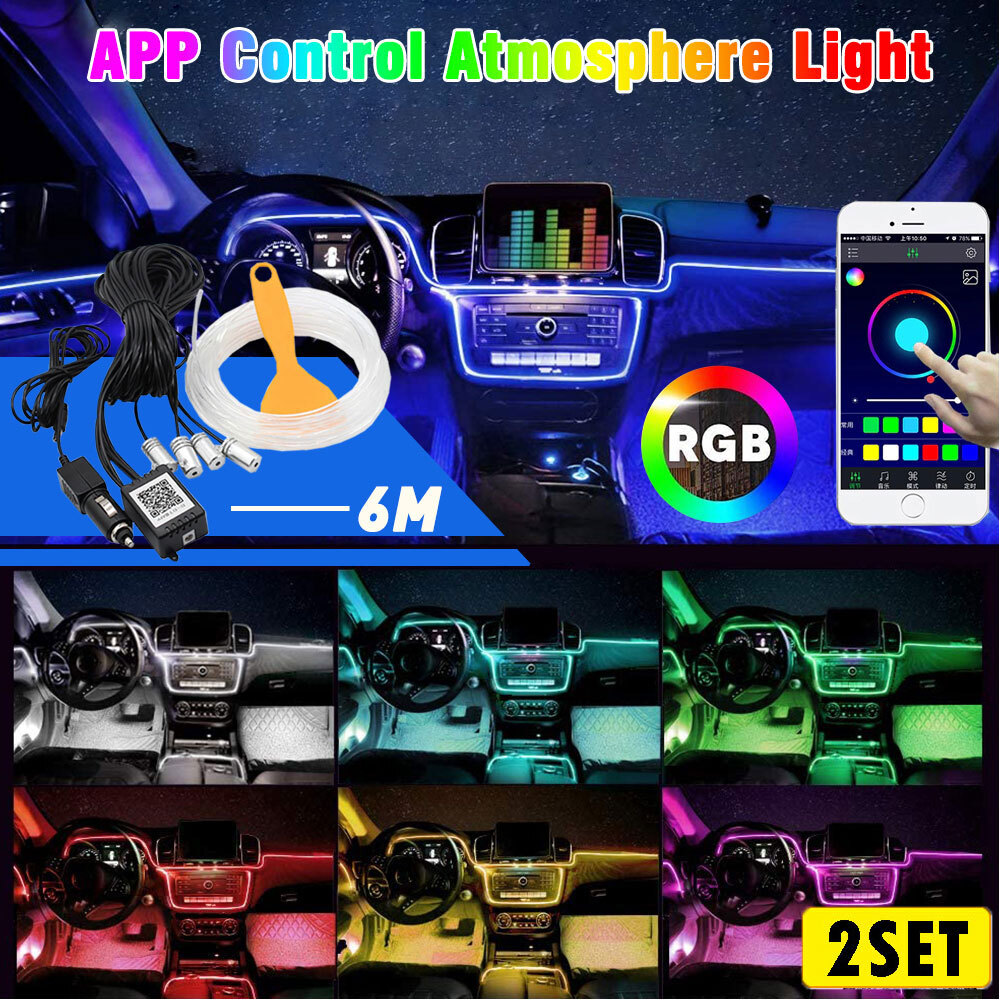2X 6M LED RGB Car Interior Atmosphere Light Strip APP Music Control Lamp Bluetoo