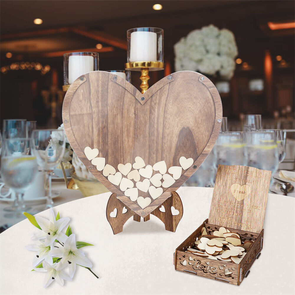 Rustic Wooden 3D Wedding Guest Book Transparent Heart Frame with Box Party Decor