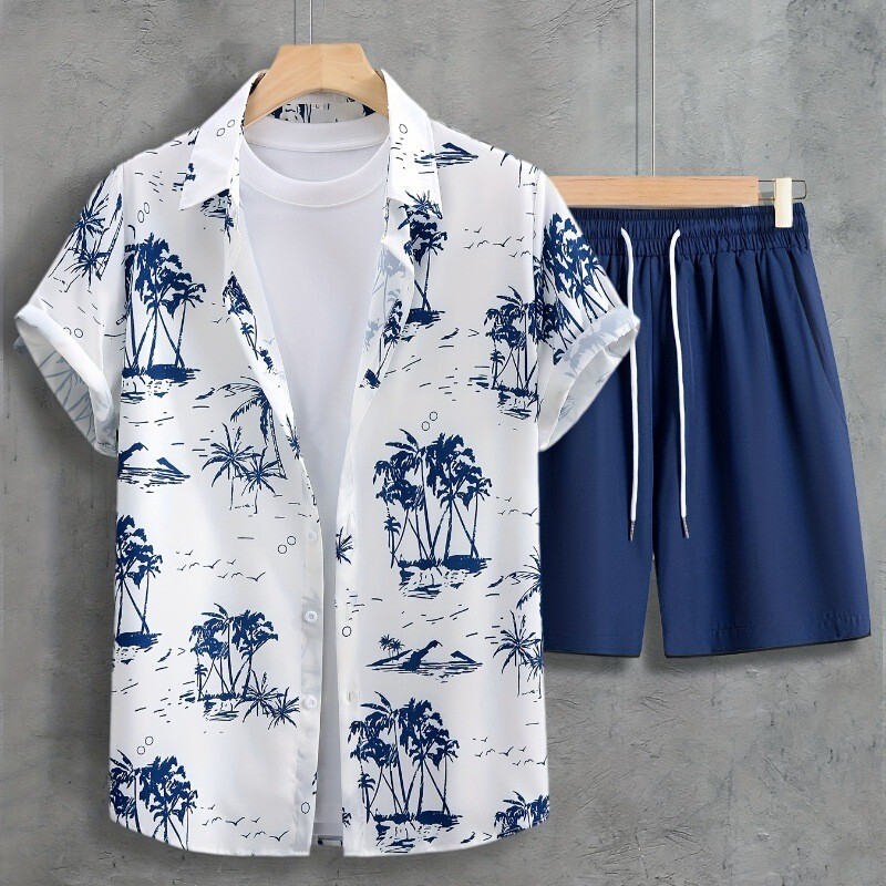 Summer new shirt shorts set 3D printed casual men's cardigan two-piece set