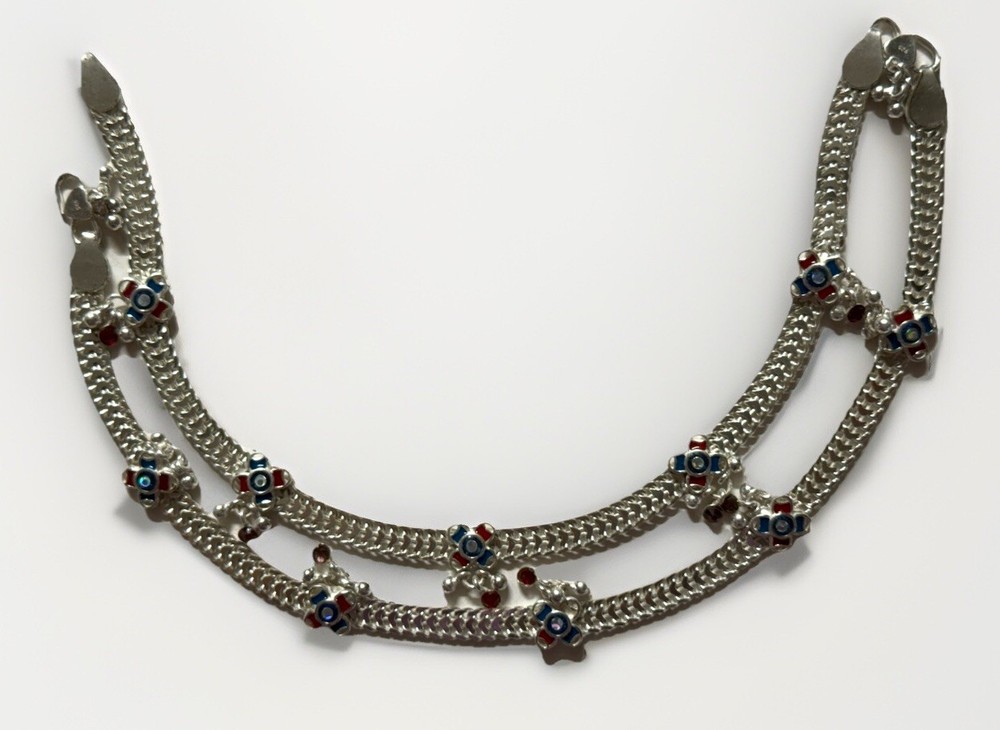 Sterling silver trendy Bollywood payal anklet with purple red crystals 925 India-image