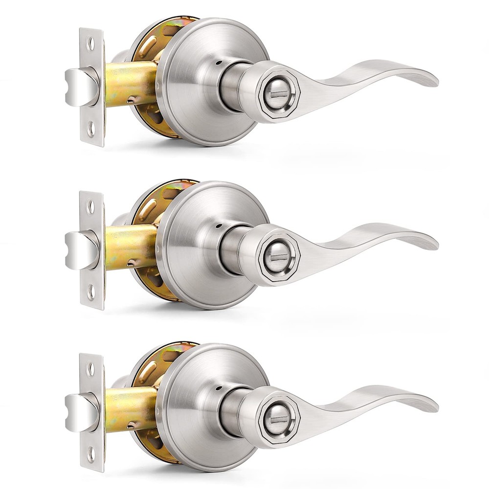 Satin Nickel Wave Style Privacy Door Levers Bath/Bed Door Handles, Interior K...