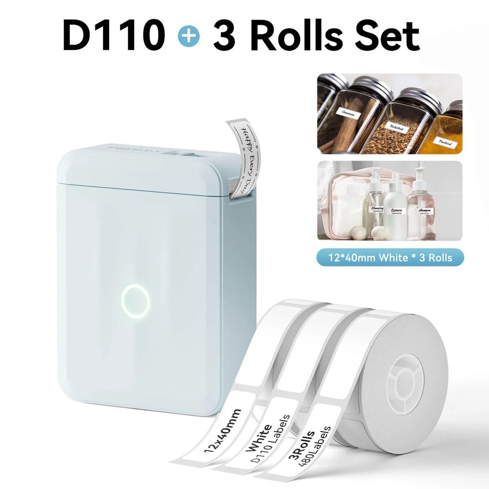 NIIMBOT D110-M Bluetooth Label Maker in Blue with 3 Rolls of 12x40mm Label Tapes