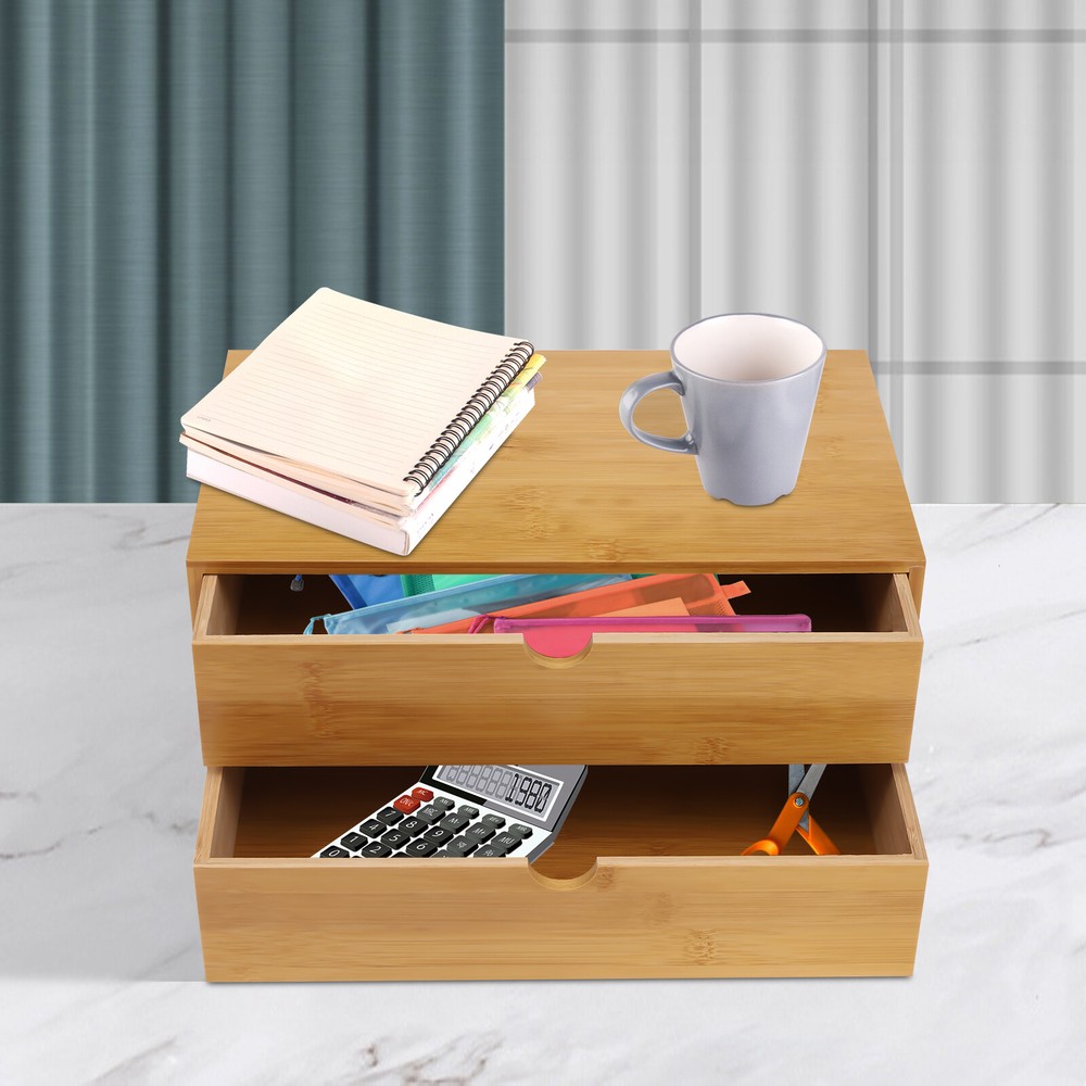Bamboo Desk Organizer Drawers Tabletop Storage Box for Office Table Organization