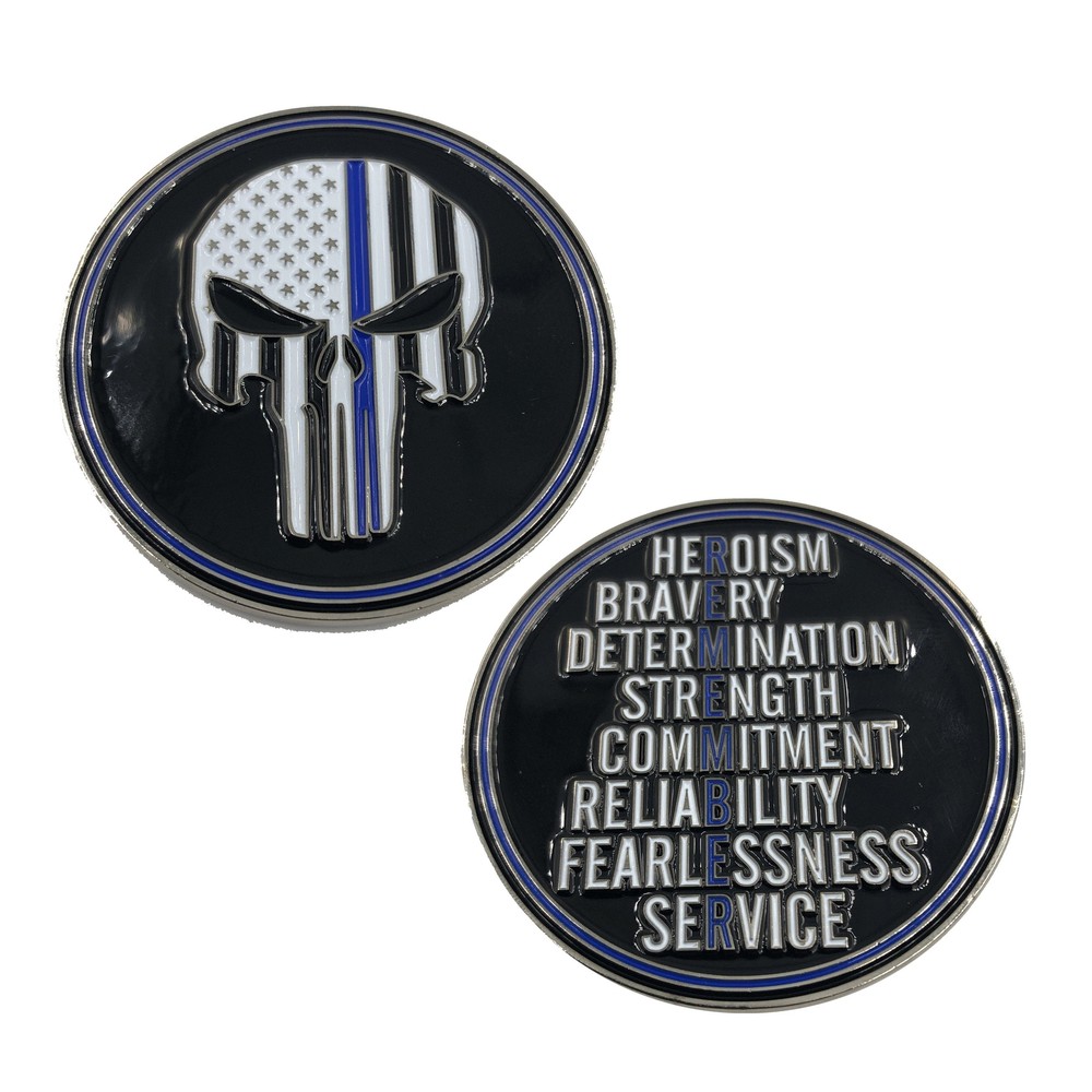 SK-014 Police thin blue line REMEMBER Skull challenge coin CBP Sheriff