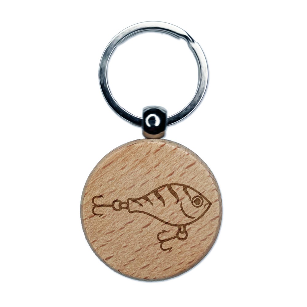 Fishing Lure Bait Engraved Wood Round Keychain Tag Charm