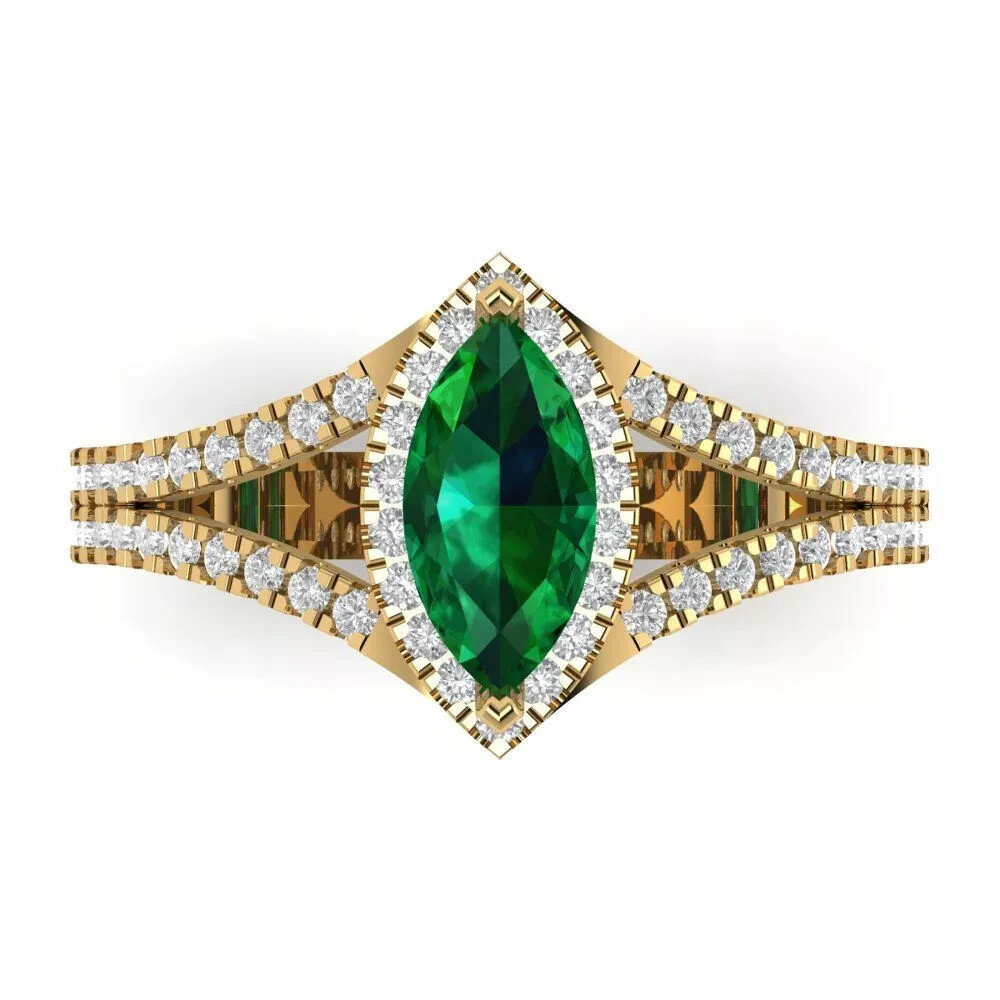 2ct Marquise split Halo Emerald Bridal  Engagement Ring 14k Yellow Gold Plated