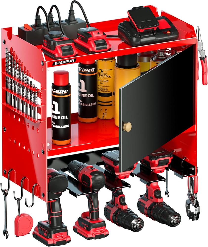 Garage Power Tool Organizer with Charging Station and Storage Cabinet Doors