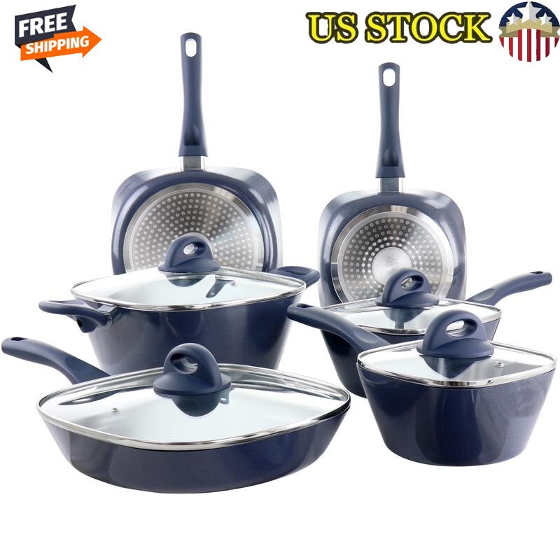 10-Piece Nonstick Ceramic Cookware Set with Pouring Spouts & Aluminum Design
