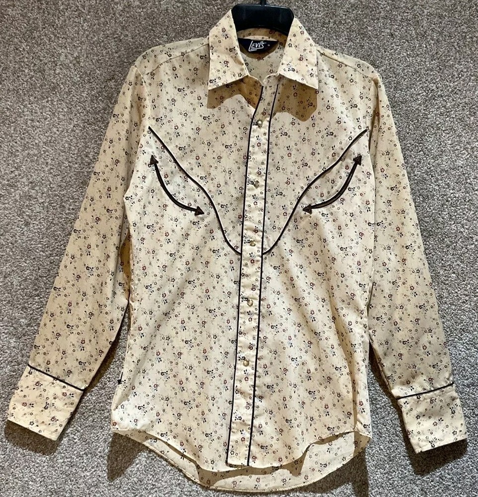 Vintage 70s Levi's Mens Floral Western Long Sleeve Pearl Snap Shrit Size Small