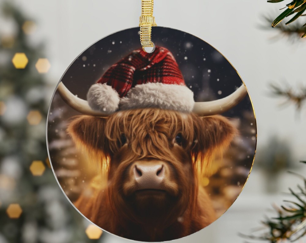 Mini Highland Cow Christmas Ornament Christmas Farm Animals Cow In A Santa Hat
