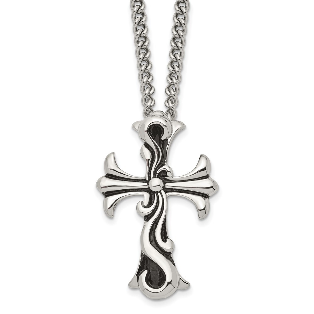 Stainless Steel Textured Scroll Cross Pendant Curb Chain Necklace 22 Inch 30.85g