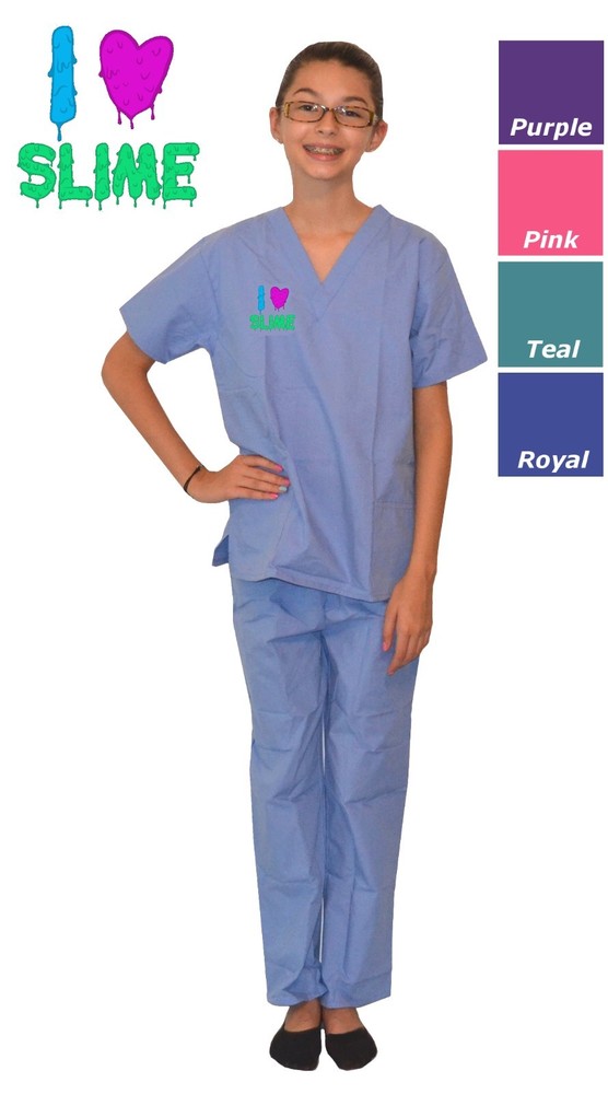 Kids Slime-Themed Embroidered Scrubs in Pink Blue Purple Green